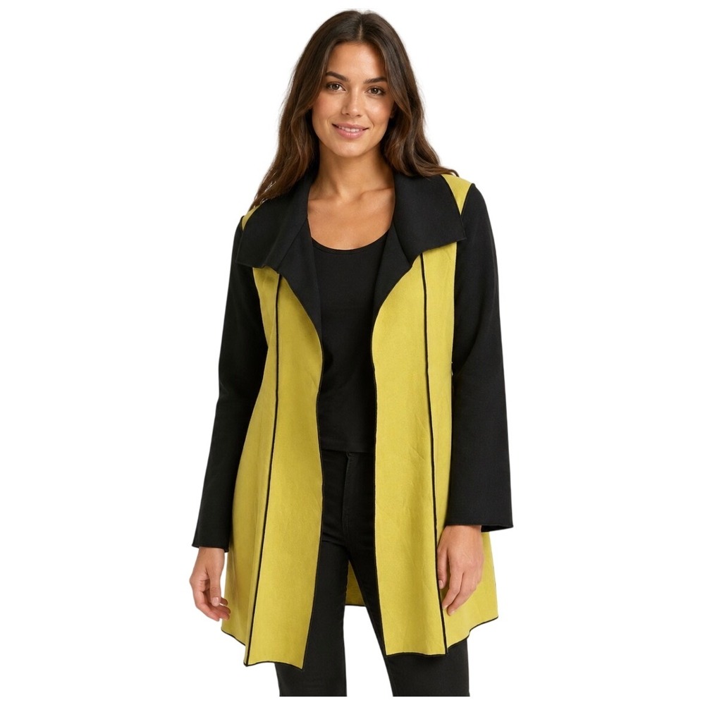 IC by Connie K Yellow Black Open Front Longline Cardigan Jacket Size M 1419J